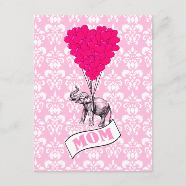 Mum, elephant and heart balloons postcard (Front)