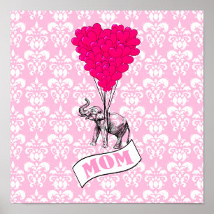 Mum, elephant and heart balloons poster