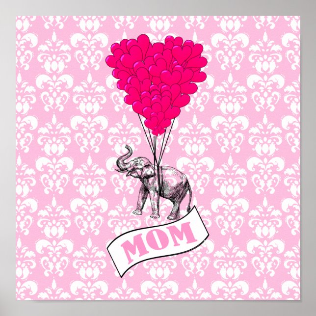 Mum, elephant and heart balloons poster (Front)