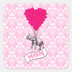 Mum, elephant and heart balloons square sticker