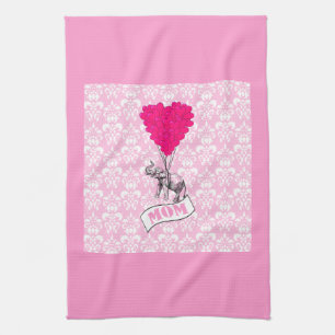Mum, elephant and heart balloons tea towel