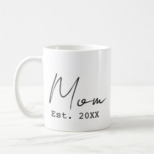 Mum Est. Simple Elegant Script Black White New Mum Coffee Mug