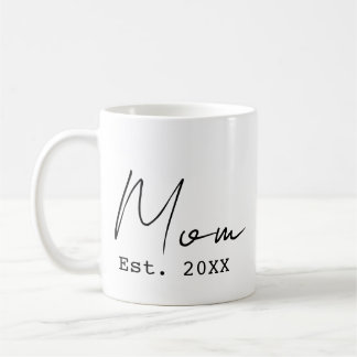 Mum Est. Simple Elegant Script Black White New Mum Coffee Mug