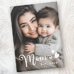 Mum est year hearts overlay photo magnet<br><div class="desc">Fridge magnet featuring your custom photo and the text "Mum" in a cute calligraphy script font along with hearts and year as a white an overlay.</div>