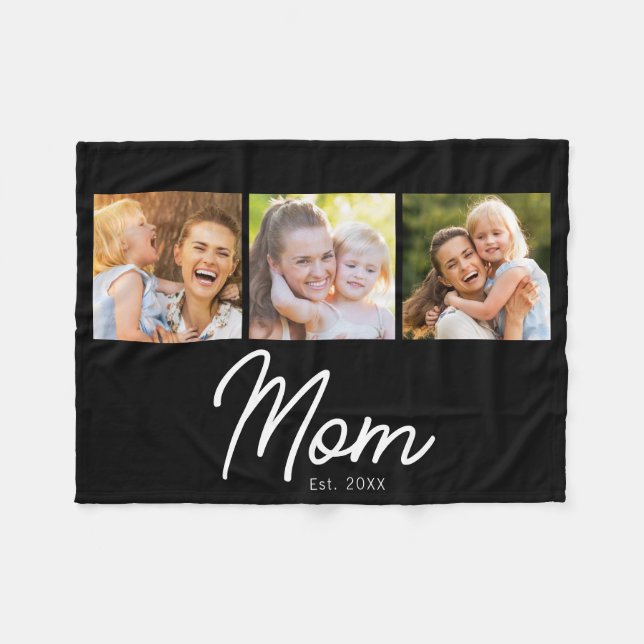 Mum Established 3 Photo Script Black Fleece Blanket (Front (Horizontal))