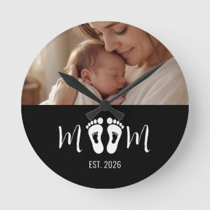 Mum Established Baby Footprints Photo Mother's Day Round Clock