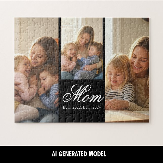 Mum Established Black Elegant Script 3 Photo Jigsaw Puzzle (Creator Uploaded)