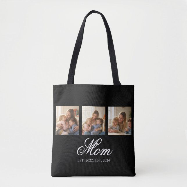 Mum Established Black Elegant Script 3 Photo Tote Bag (Front)