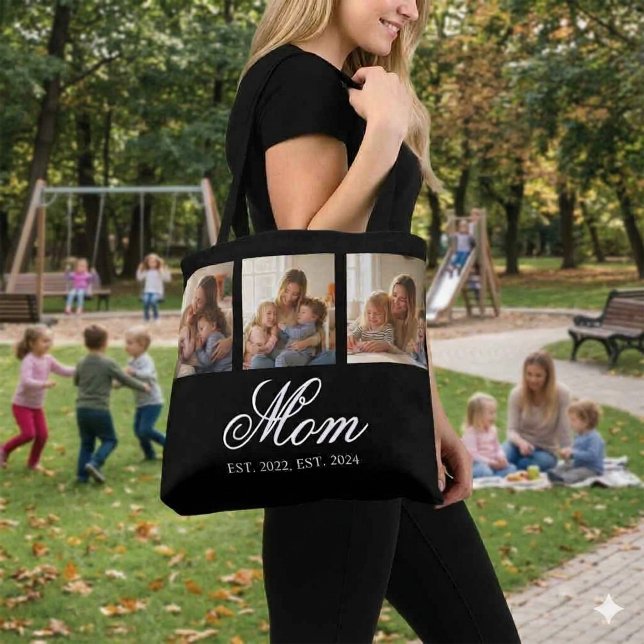Mum Established Black Elegant Script 3 Photo Tote Bag (Mom Established Black Elegant Script 3 Photo Tote Bag)