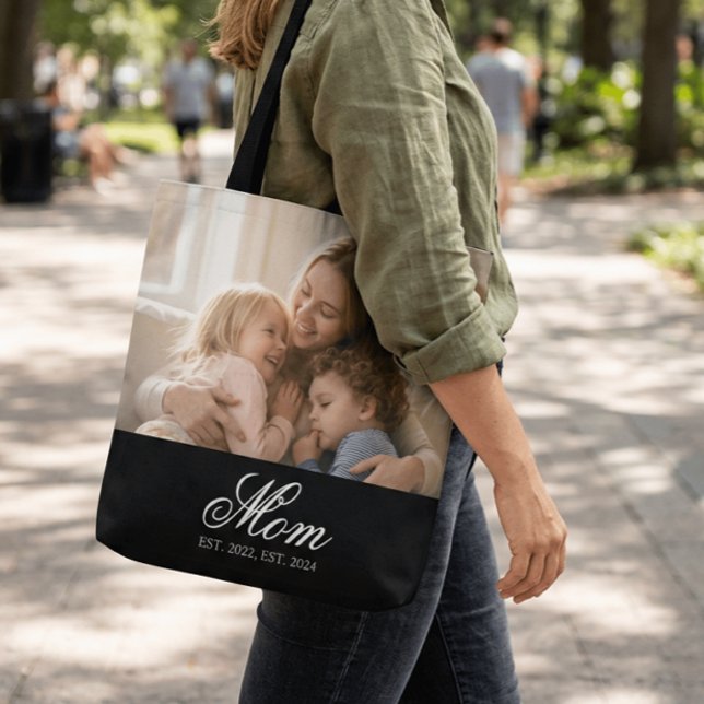 Mum Established Black Elegant Script Photo Tote Bag (Creator Uploaded)