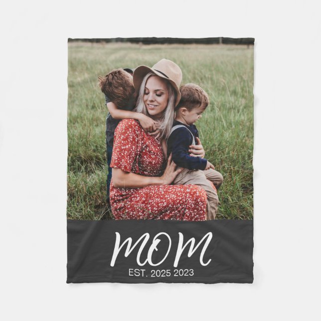 Mum Established Black Modern Script Photo Fleece Blanket (Front)