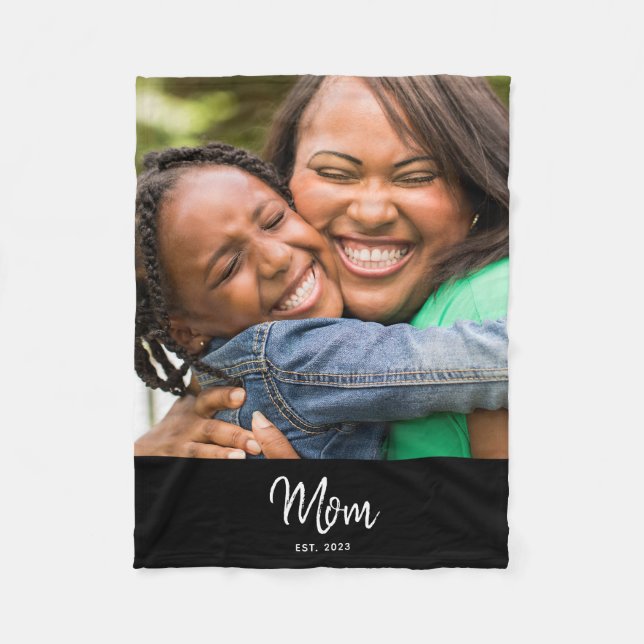 Mum Established Black Modern Script Photo  Fleece Blanket (Front)
