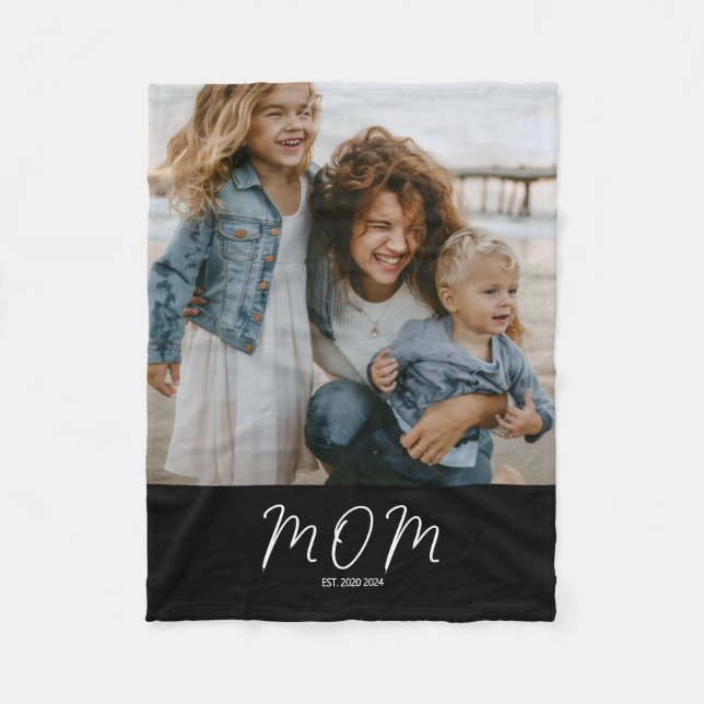 Mum Established Black Modern Script Photo Fleece Blanket (Front)
