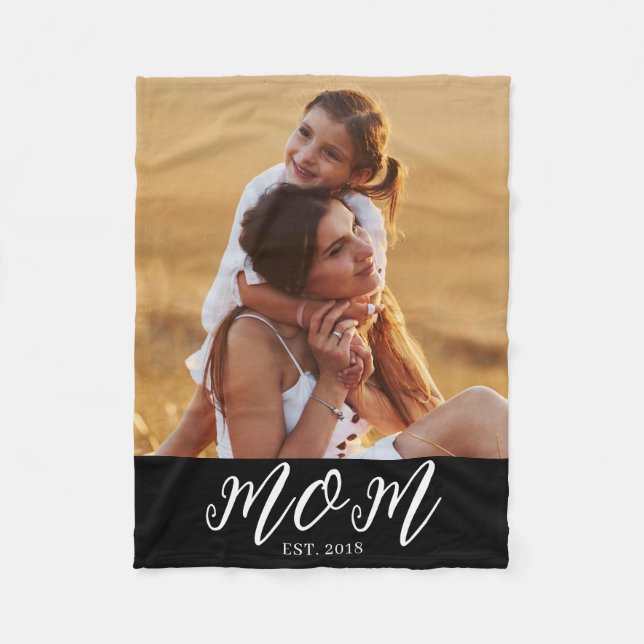 Mum Established Black Modern Script Photo Fleece Blanket (Front)