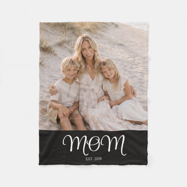 Mum Established Black Modern Script Photo Fleece Blanket (Front)