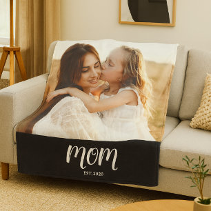 Mum Established Black Modern Script Photo Fleece Blanket