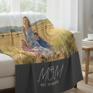 Mum Established Black Modern Script Photo  Fleece Blanket