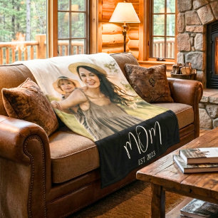Mum Established Black Modern Script Photo Fleece Blanket