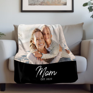 Mum Established Black Modern Script Photo Fleece Blanket