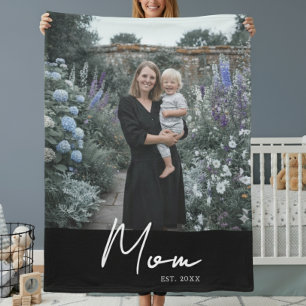 Mum Established Black Modern Script Photo Fleece Blanket