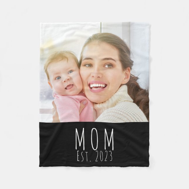 Mum Established Black Modern Script Photo  Fleece Blanket (Front)