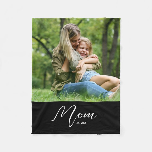 Mum Established Black Modern Script Photo Fleece Blanket (Front)