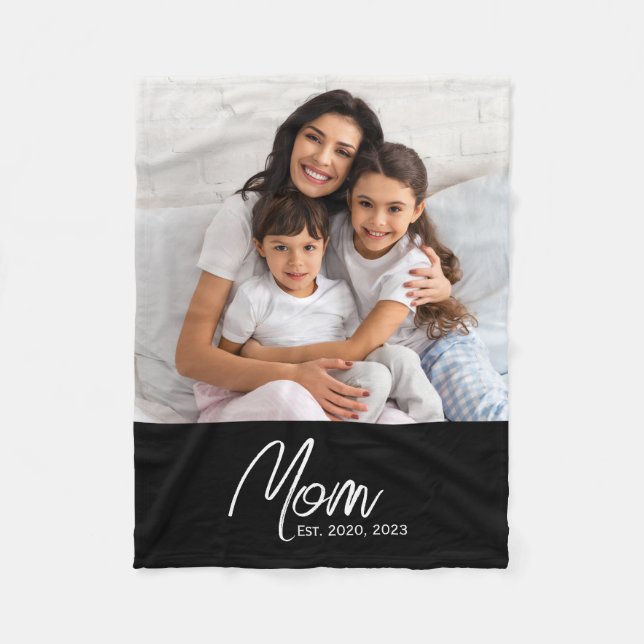 Mum Established Black Modern Script Photo  Fleece Blanket (Front)