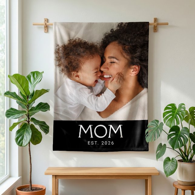 Mum Established Black Modern Typography Photo Fleece Blanket (Creator Uploaded)