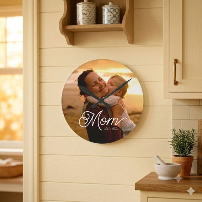 Mum Established Black Modern White Script Photo  Round Clock (Creator Uploaded)
