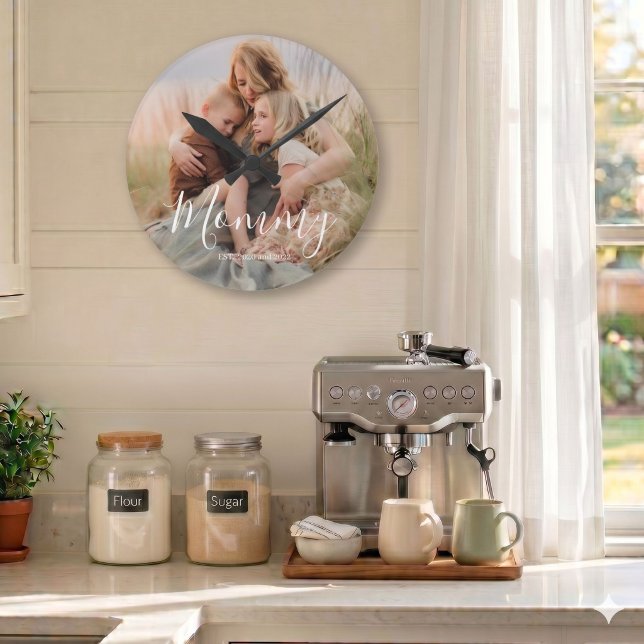 Mum Established Black Modern White Script Photo  Round Clock (Creator Uploaded)