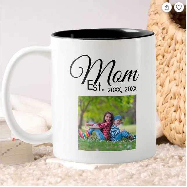 Mum Established Black Script Photo Gift Two-Tone Coffee Mug (Creator Uploaded)