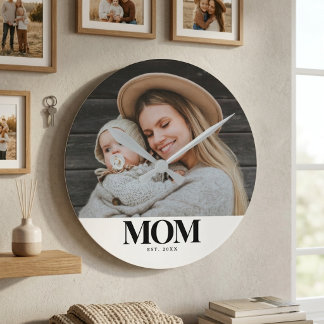 Mum Established Black Typography Photo Gift Round Clock