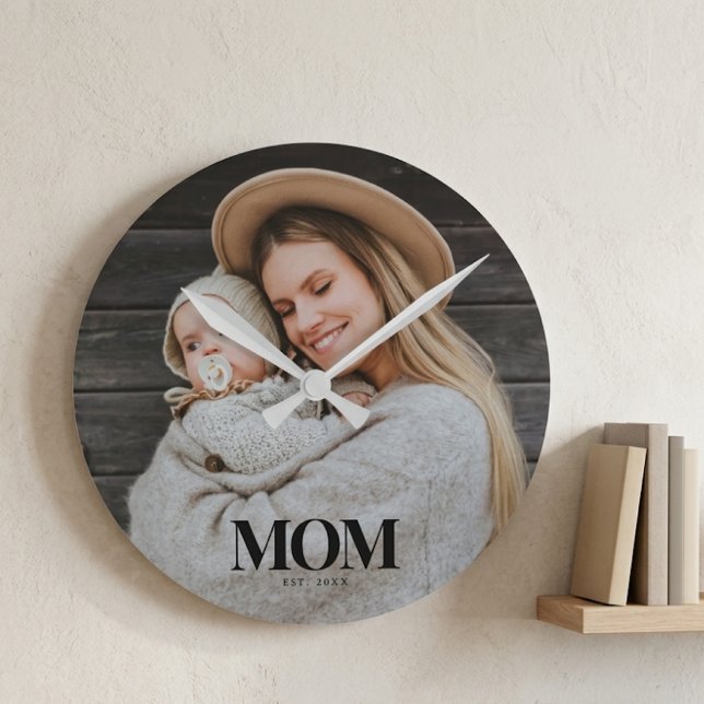 Mum Established Black Typography Photo Gift Round Clock (Mom Established Black Typography Photo Gift Round Clock)