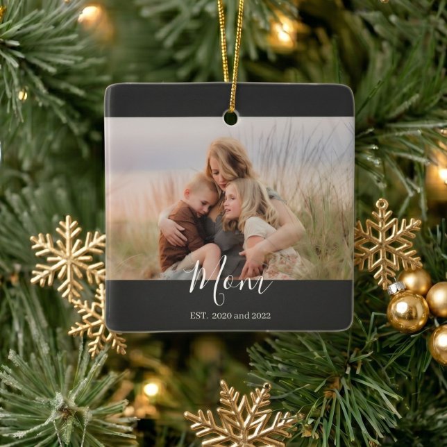 Mum Established Black White Elegant Script Photo  Ceramic Ornament (Creator Uploaded)
