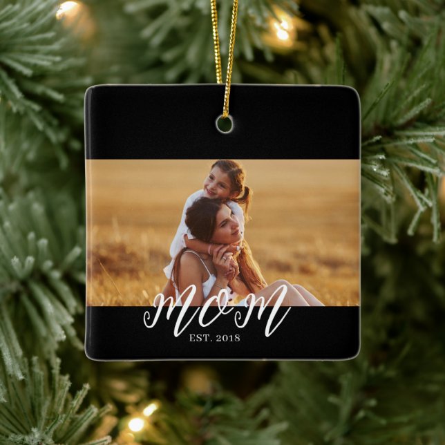 Mum Established Black White Script Photo Ceramic Ornament (Tree)