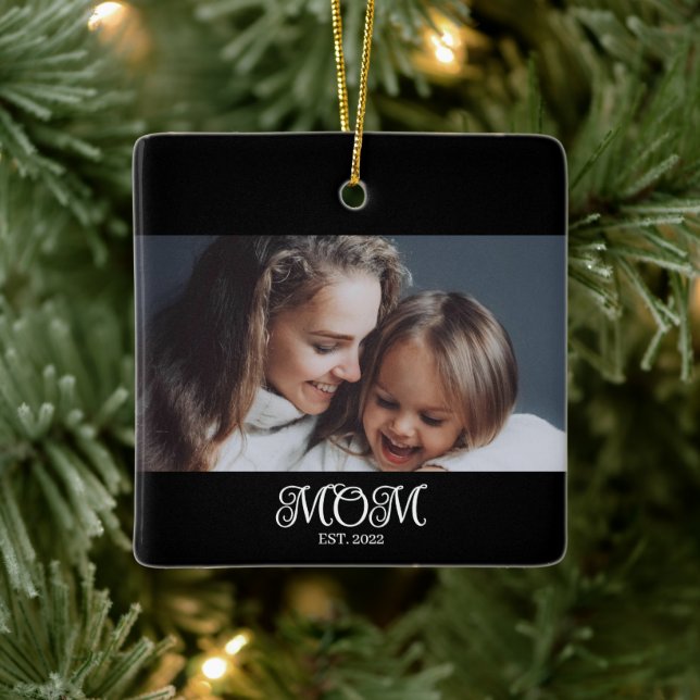 Mum Established Black White Script Photo Ceramic Ornament (Tree)
