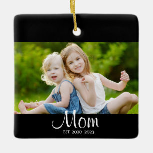 Mum Established Black White Script Photo Ceramic Ornament