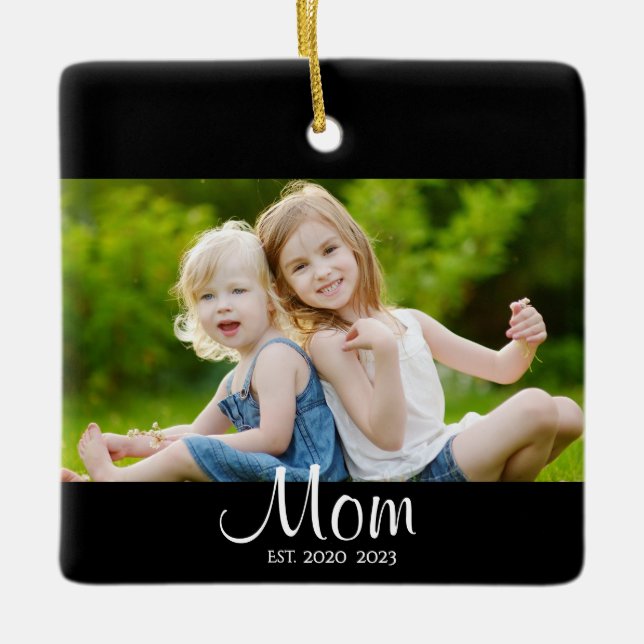 Mum Established Black White Script Photo Ceramic Ornament (Front)