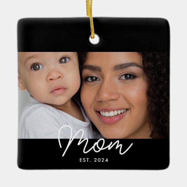 Mum Established Black White Script Photo Ceramic Ornament (Front)