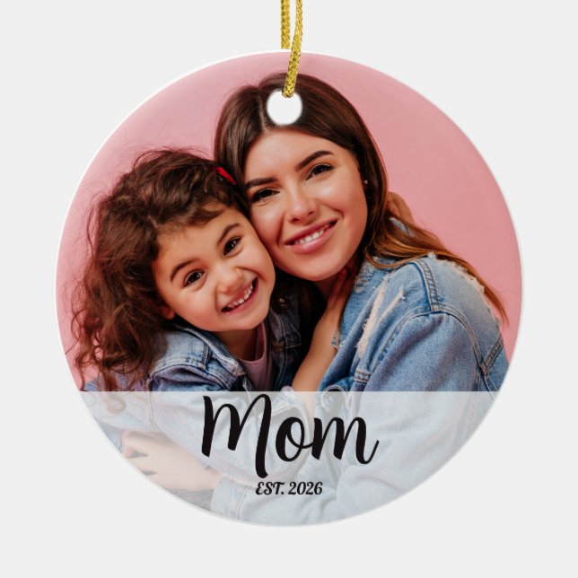 Mum Established Black White Script Photo  Ceramic Ornament (Front)