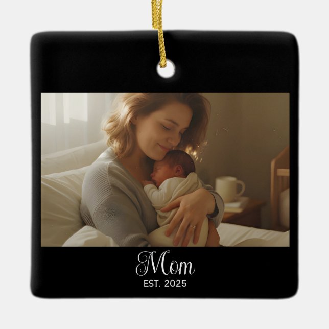 Mum Established Black White Script Photo Ceramic Ornament (Front)
