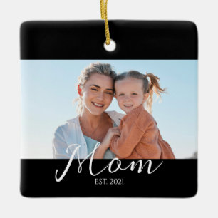 Mum Established Black White Script Photo  Ceramic Ornament
