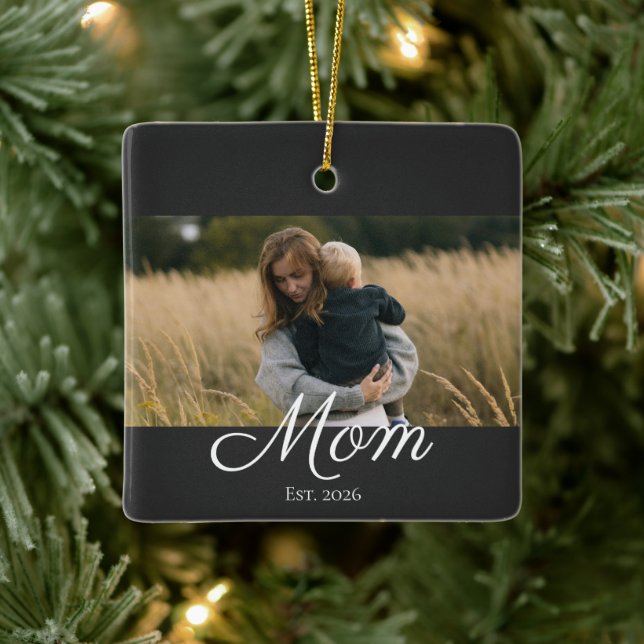 Mum Established Black White Script Photo Ceramic Ornament (Tree)