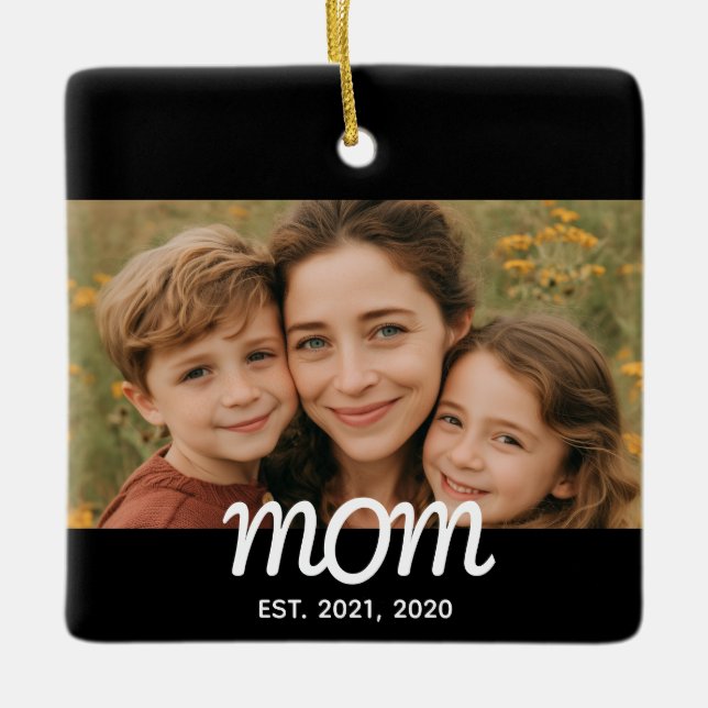 Mum Established Black White Script Photo Ceramic Ornament (Front)