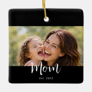 Mum Established Black White Script Photo Ceramic Ornament