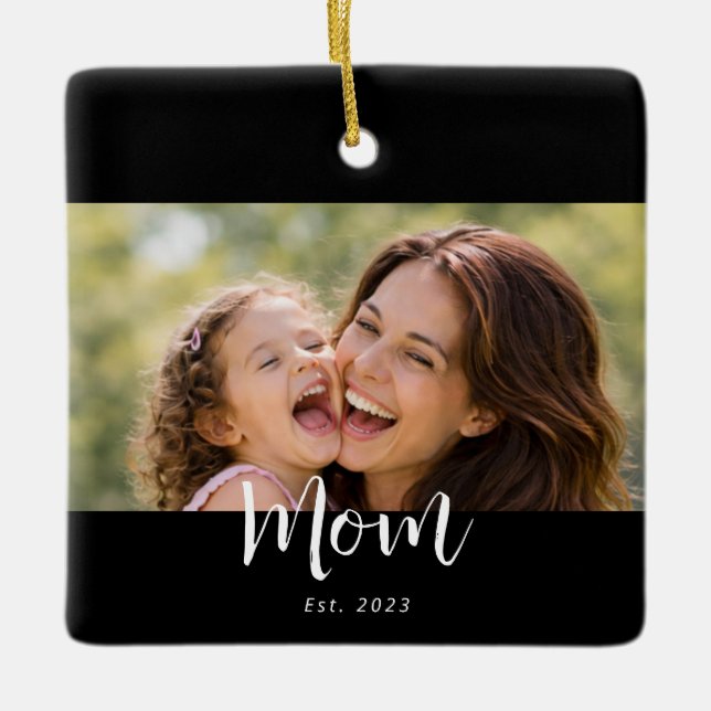 Mum Established Black White Script Photo Ceramic Ornament (Front)