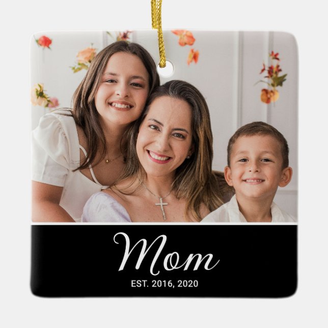 Mum Established Black White Script Photo Ceramic Ornament (Front)