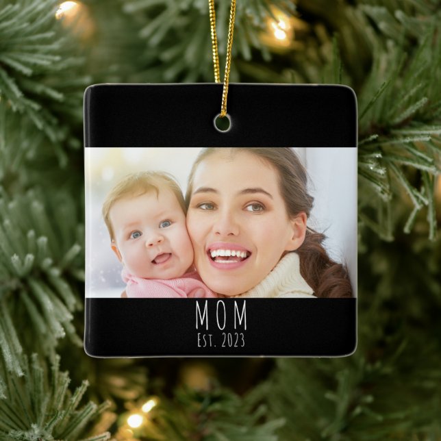 Mum Established Black White Script Photo  Ceramic Ornament (Tree)