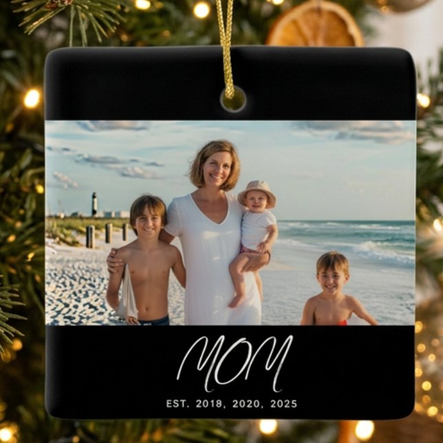 Mum Established Black White Script Photo Ceramic Ornament (Creator Uploaded)