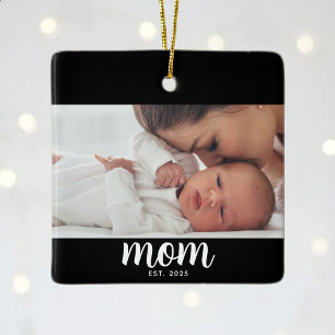 Mum Established Black White Script Photo Ceramic Ornament